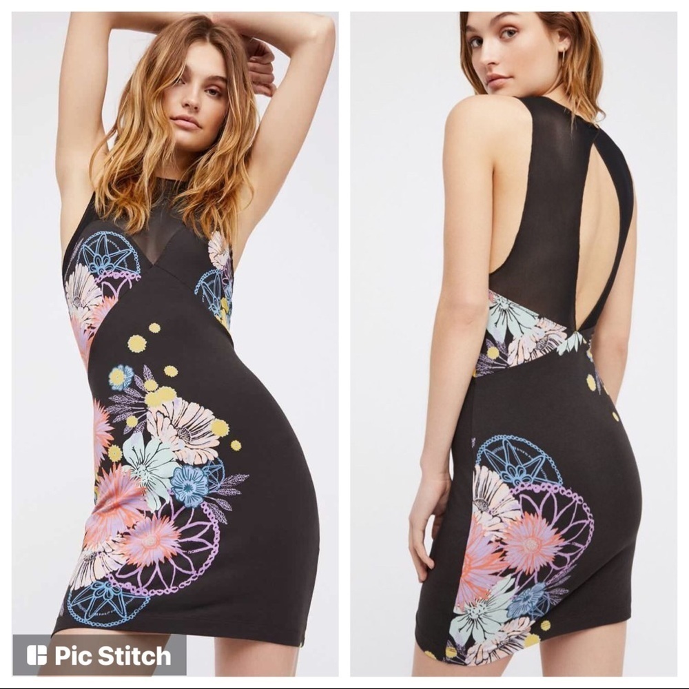 Free People Womens Dress Ikebana Bodycon Queen Anne Illusion Medium Black Floral